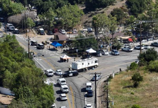 Trabuco Canyon, CA - August 24: This aerial photo shows Cook's Corner, a popular biker bar, on Thursday, Aug. 24, 2023, in Trabuco Canyon, Calif. A gunman, believed to be retired former Ventura police officer John P. Snowling, killed three people and wounded six others. (Photo by Jeff Gritchen/MediaNews Group/Orange County Register via Getty Images)